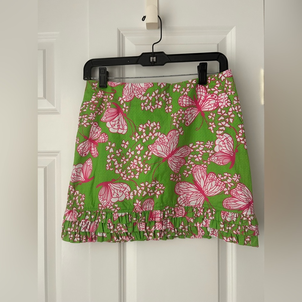Lilly Pulitzer pink green butterfly floral cotton mini skirt - size 0